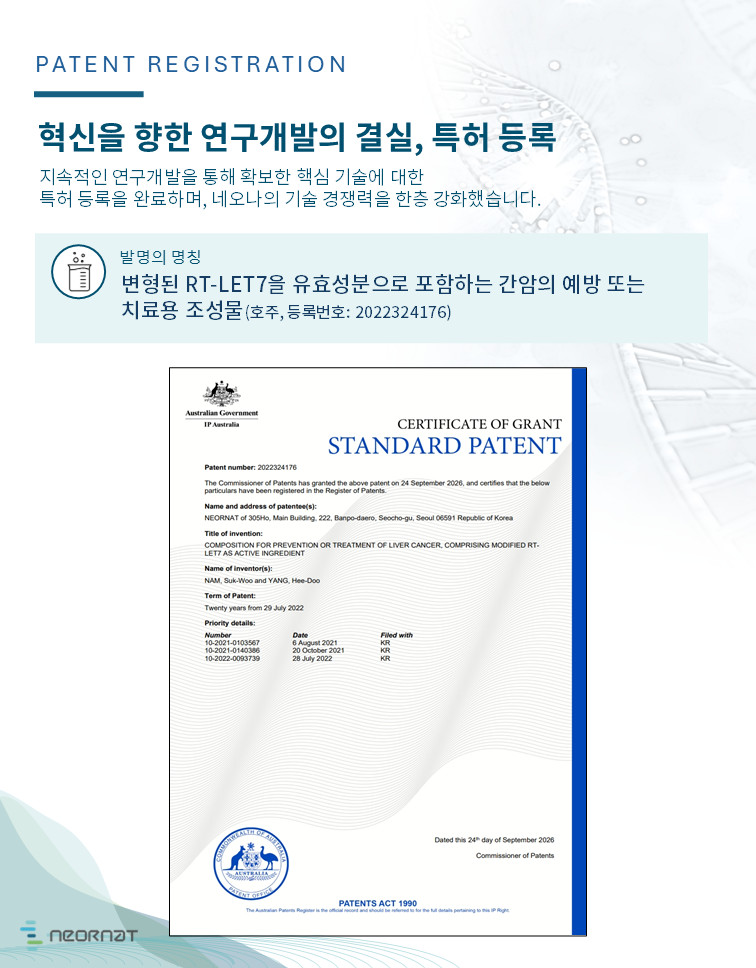 변형된 RT-LET7을 유효성분으로 포함하는 간암의 예방 또는 치료용 조성물, 호주특허(등록번호: 2022324176)