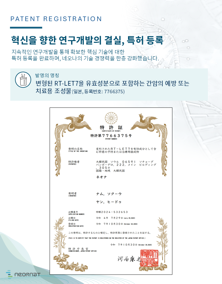 변형된 RT-LET7을 유효성분으로 포함하는 간암의 예방 또는 치료용 조성물, 일본특허(등록번호: 7766375)